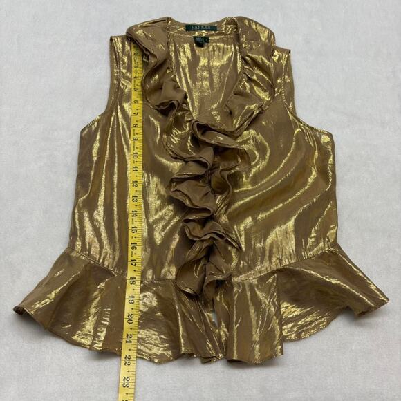 Lauren Ralph Lauren Gold Metallic Ruffle Front Sleeveless Silk Blouse Size 6 - Picture 6 of 8
